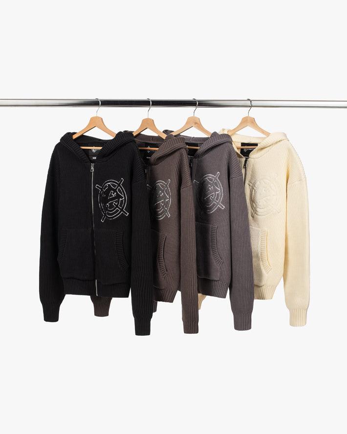 V-LOGO KNIT ZIP HOODIE BLACK